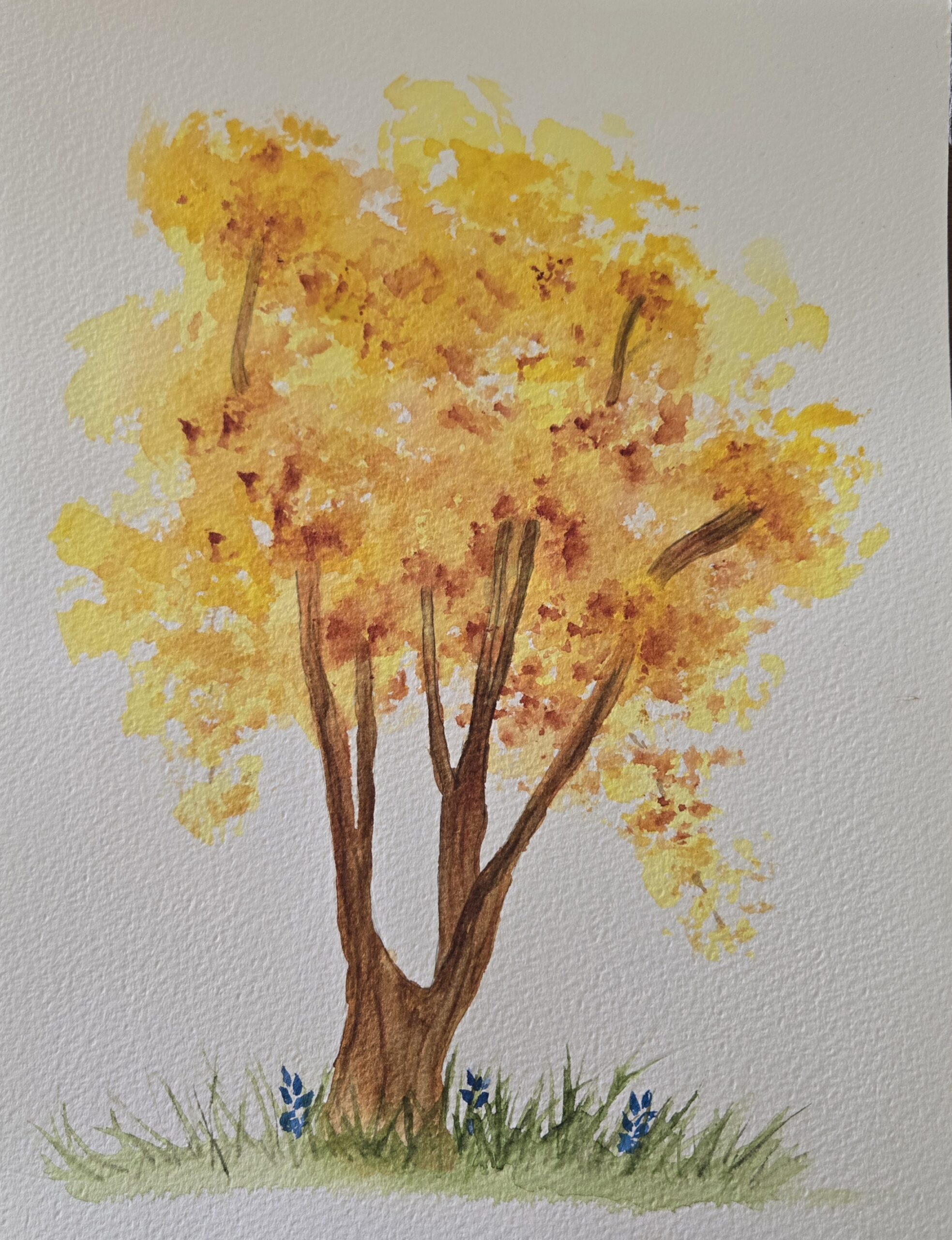 Yellow Tree with Bluebonnets